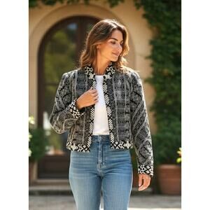 Carlisle Embroidered Cotton Cropped Jacket Black White Button Front Lined Size 8